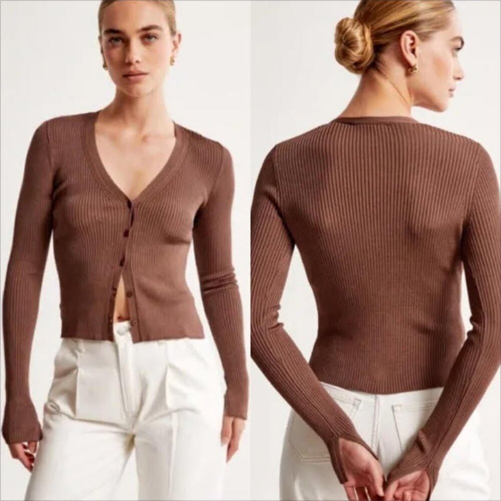 Abercrombie Glossy Slim Cardigan Size M Womans Brown Ribbed V-neck Long Sleeve
